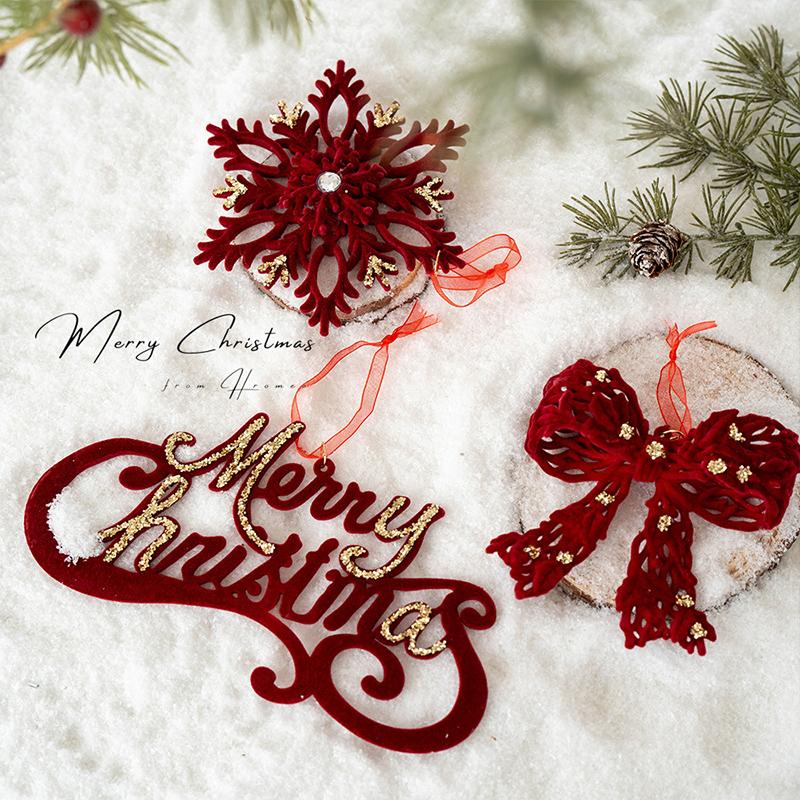 Gold Powder Red Christmas Decoration Flocking Pendant Bow Wreath Christmas Tree Hanging Ornament Xmas New Year Party Home Decor
