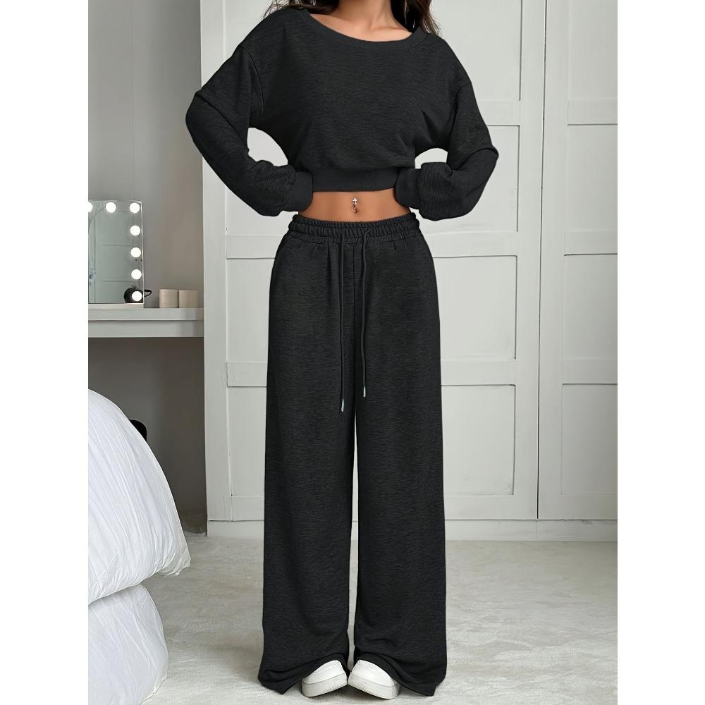 Tuta da Donna Vestibilità Larga Spalle Scoperte Manica Lunga Crop Top Vita Alta Pantaloni Larghi Tuta Due Pezzi