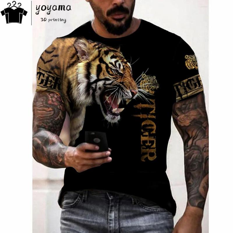 Męski T-shirt z krótkim rękawem z okrągłym dekoltem i nadrukiem cyfrowym 3D tygrysa - Modny Oddychający Wygodny Top na Lato Oversize