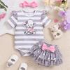 Baby-Mädchen kurzärmeliger Body mit Elefantenprint, gestreiftem Muster, Rüschenrock, Bloomers und passendem Stirnband Set