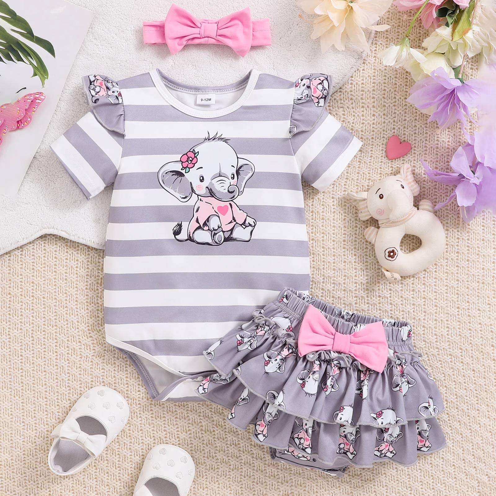 Baby Girls Short Sleeve Bodysuit with Elephant Print Striped Pattern Ruffle Skirt Bloomers and Matching Headband Set 12M