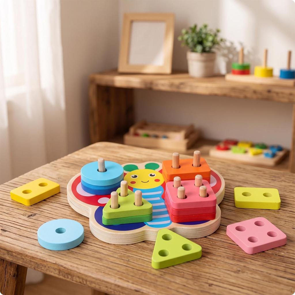 Butterfly Puzzle with Pegs Montessori Geometric Stacker Educational Shape Stacking for