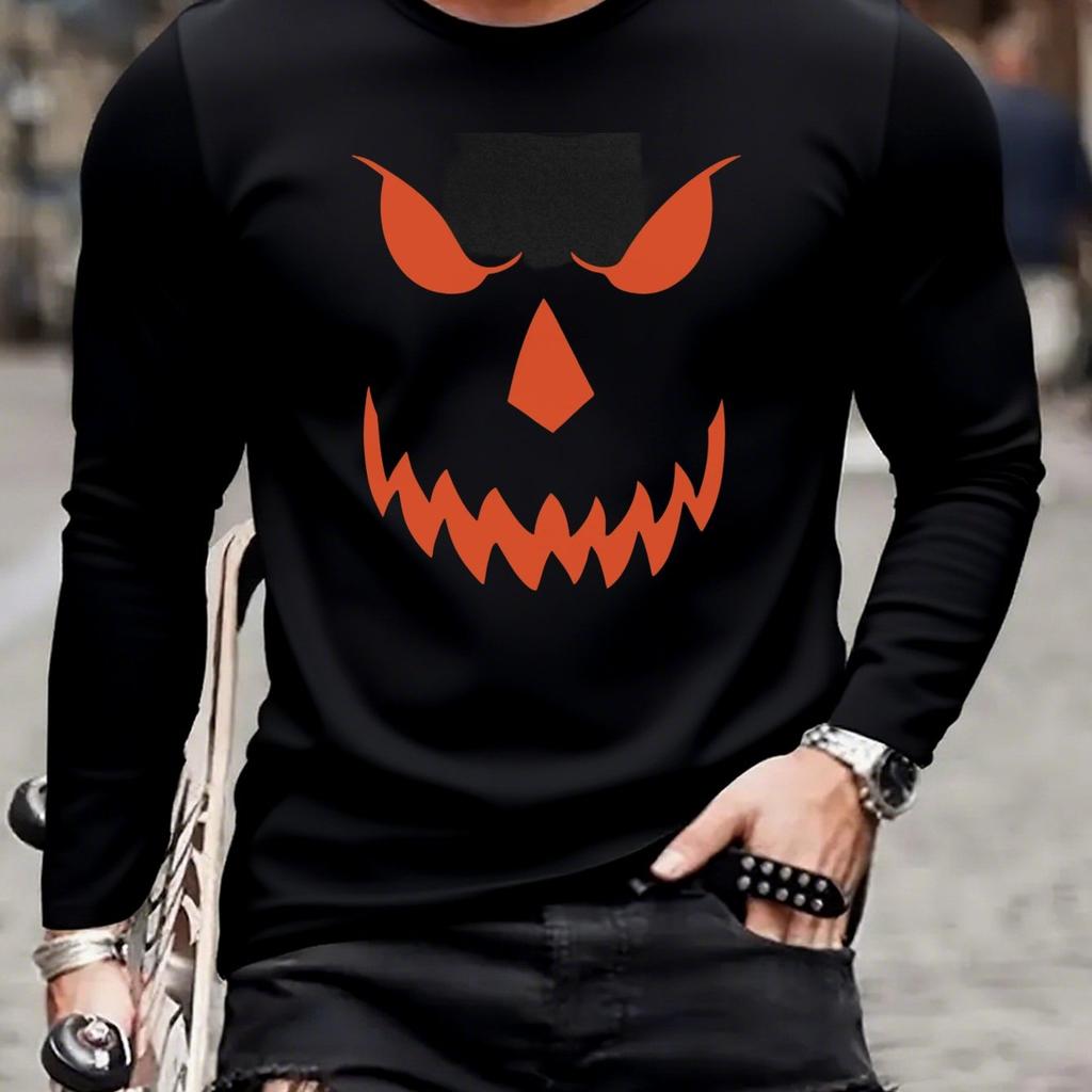 Men's Loose-fitting Long-Sleeve T-Shirt - Halloween Print, Crew Neck Casual Top, Suitable for All Seasons and Relaxed Wear