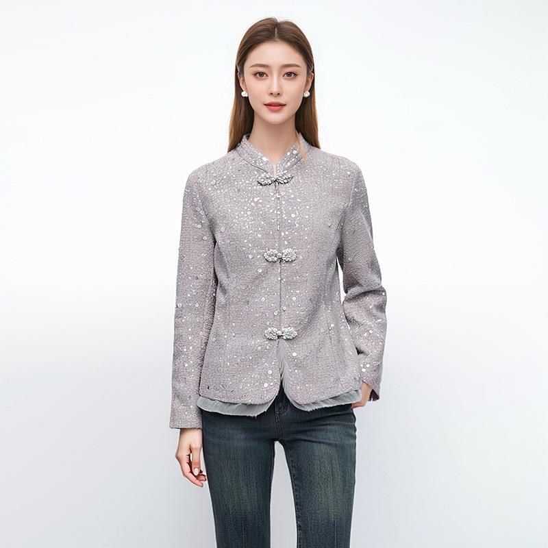 

Женское новое пальто из китайской шерсти на осень/зиму 2025 года с застежками-пуговицами в виде лягушек M (90-115 jin) серый