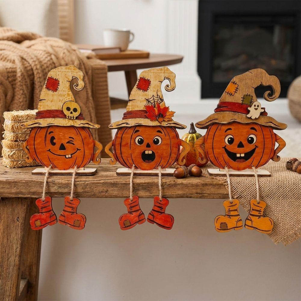 3Pcs Vintage Pumpkin-Shaped Wooden Ornaments 2D Flat Face Pumpkin Display Decor Holiday Gifts