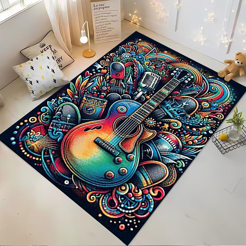 Colorful Abstract Guitar Design Carpet with Musical Elements Pattern Suitable for use as an anti-slip for living room bedroom sofas
