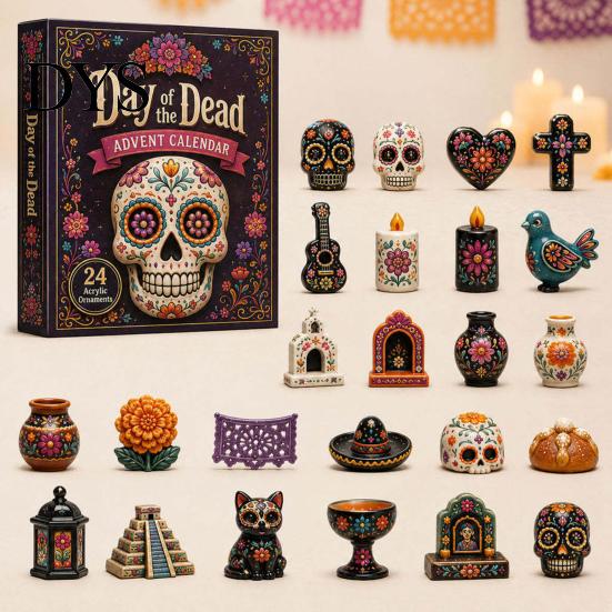 Skull Flower Advent Day of The Dead Calendar, 24-Day Acrylic Ornament Set with Gothic Holiday Countdown Gift And Marigold Designs, Halloween