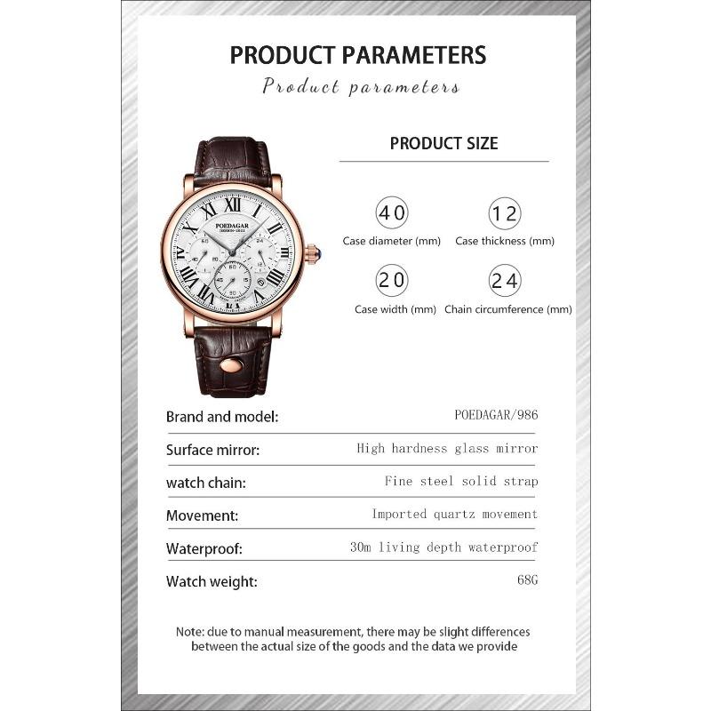 POEDAGAR Men Watch Fashion Chronograph Leather Quartz Watches Waterproof Luminous Sport Sport Wristwatch Six Needle Watch