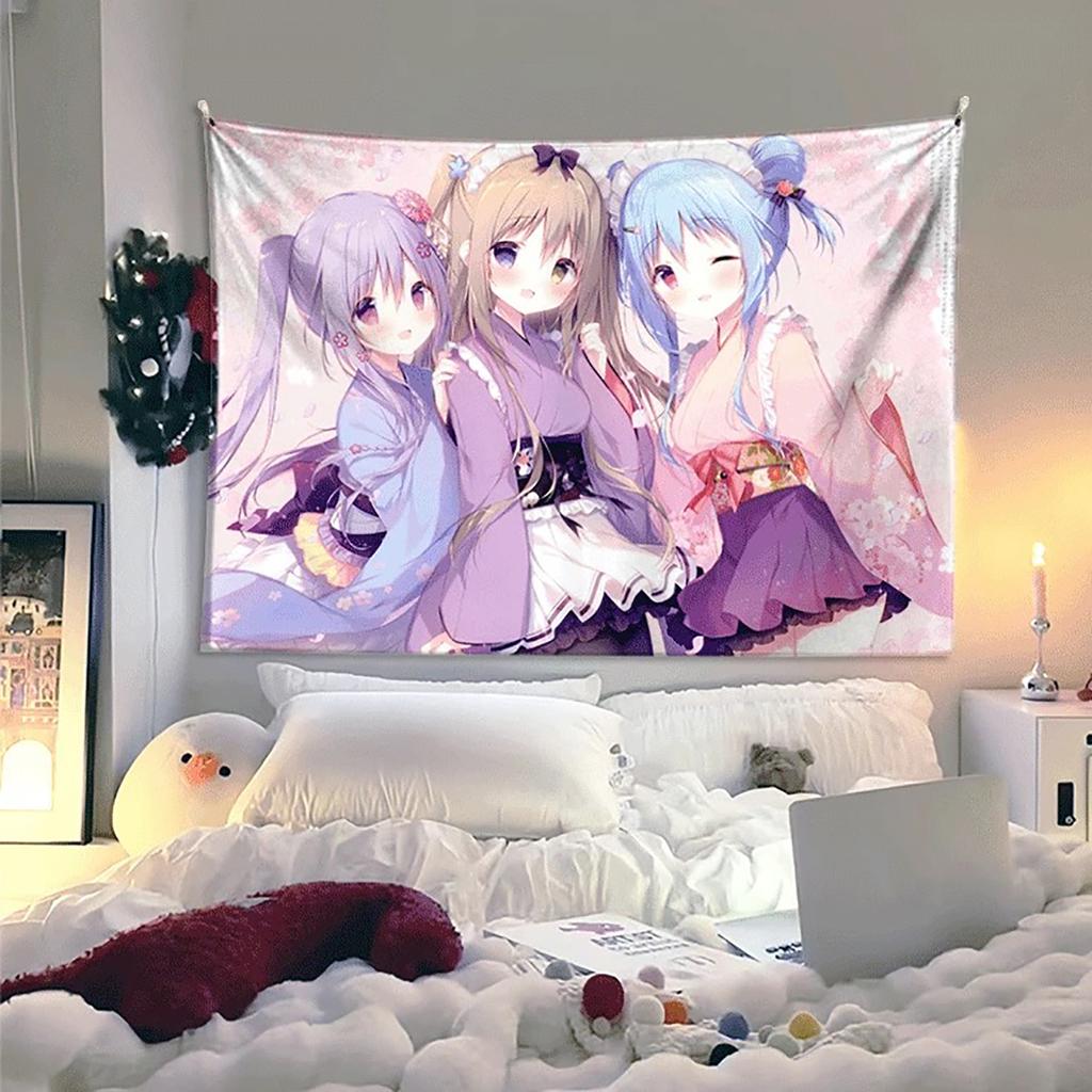 Kawaii Style Girl Hanging Cloth Cartoon Dormitory Bedroom Bedside Tapestry Wall Background Cloth Rental House Decorative Cloth