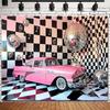 Vintage 50s Diner Style Backdrop Pink Classic Car Disco Ball Photography Background