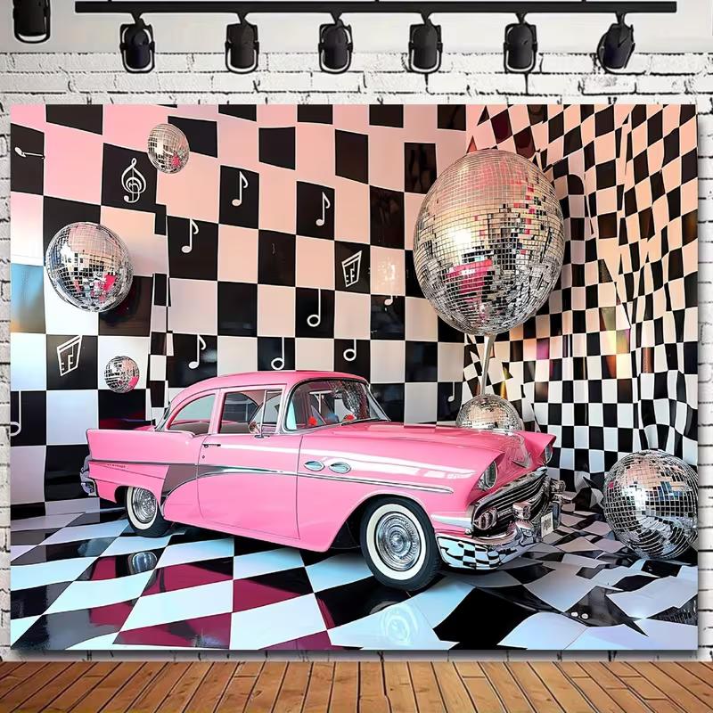 Vintage 50s Diner Style Backdrop Pink Classic Car Disco Ball Photography Background
