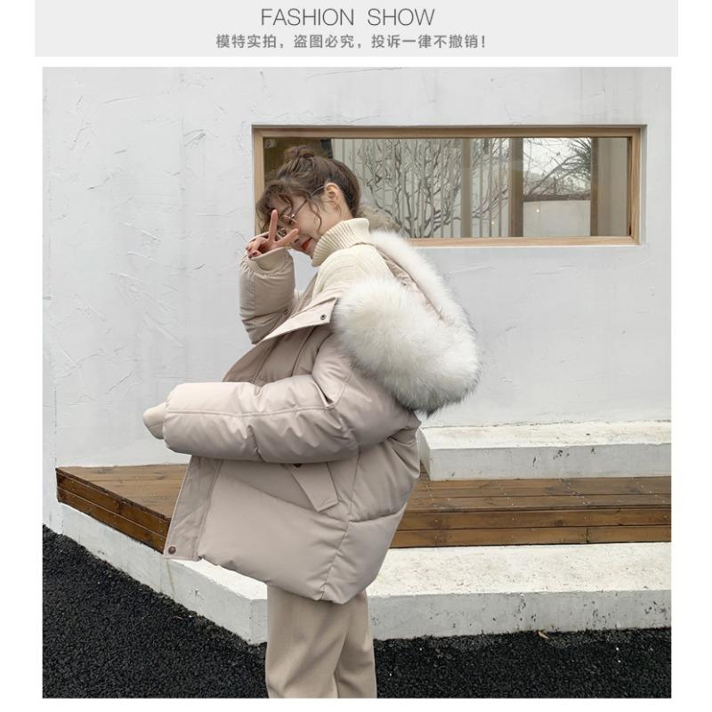 Women S Short Loose Fit Cotton Padded Coat With Big Fur Collar Winter Casual Style