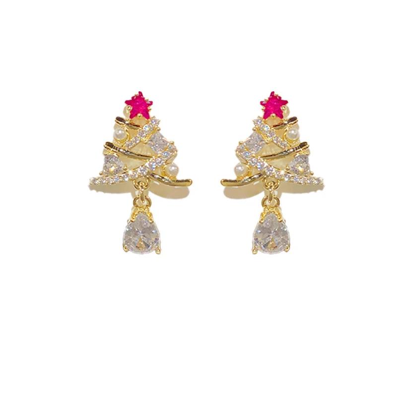 Huitan Red/Green Christmas Tree Design Women's Dangle Earrings Gold Color Gorgeous Female Earrings for Christmas Party Zircon