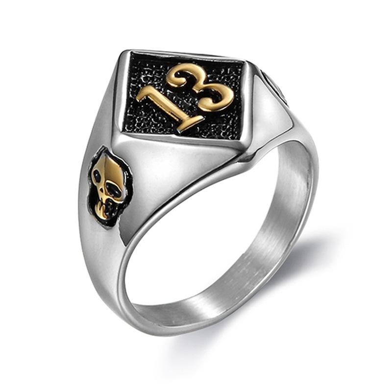 Serie Moto d'Epoca Numero Fortunato 13 Teschio Anello da Uomo in Acciaio Inossidabile Vintage