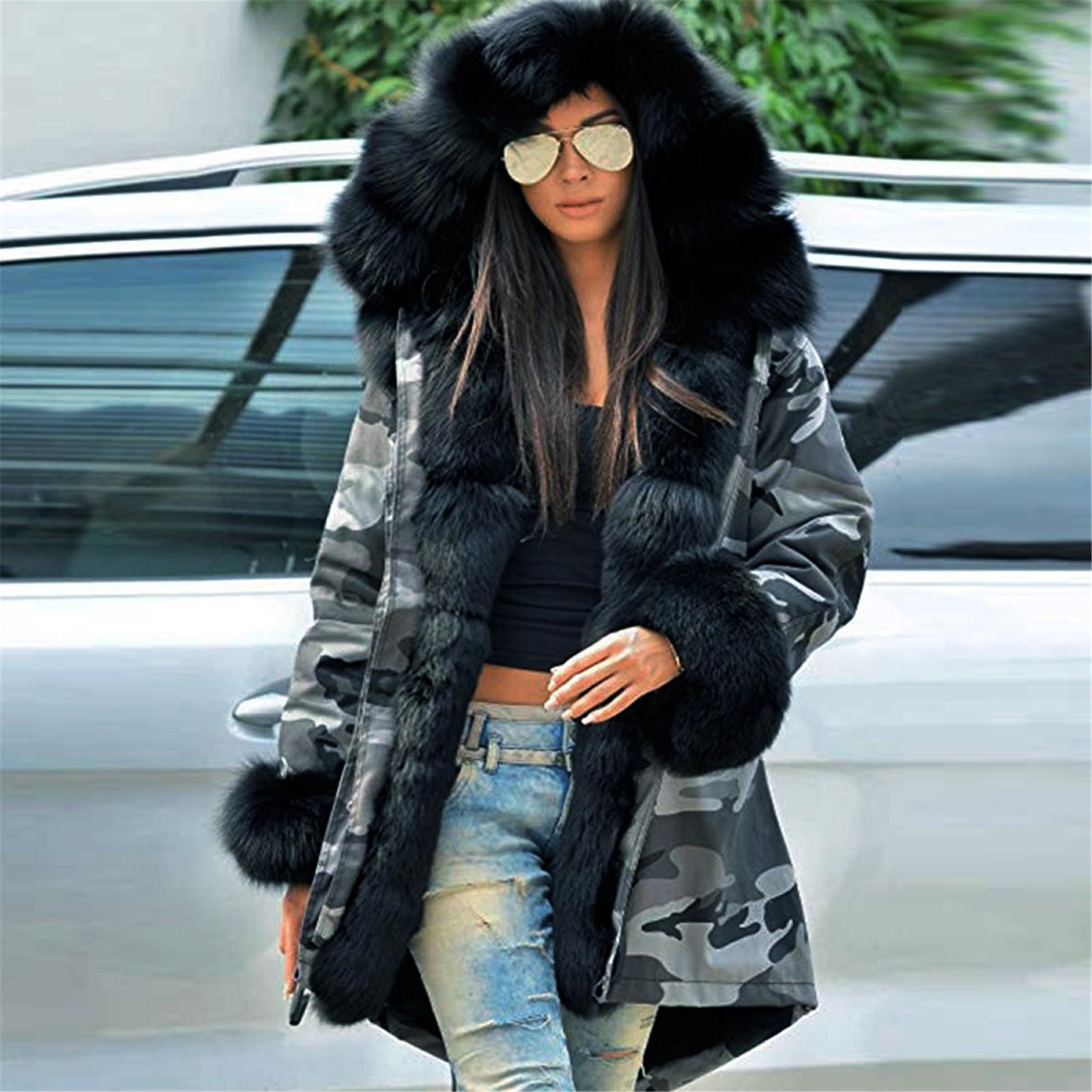

Женское зимнее камуфляжное пальто из искусственного меха с открытым передом и длинными рукавами, верхняя одежда, куртка с капюшоном «рыбий хвост» XL чёрный