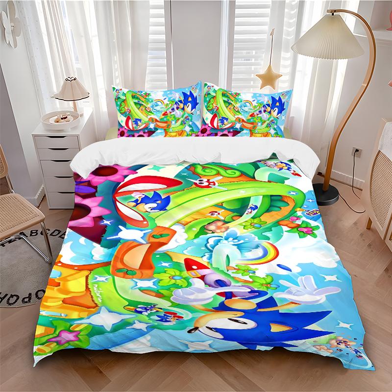 3Pcs Sonic Adventure Fantasy World Bedding Set Soft Fabric Duvet Cover Pillowcases Home Xmas Halloween Gift 1 Duvet Cover 2 Pillowcase S1253