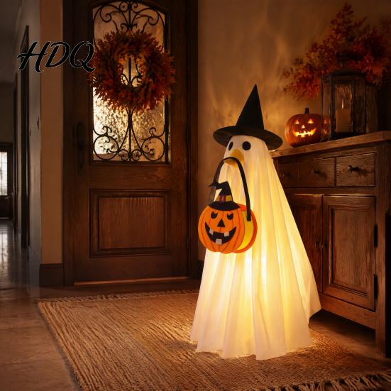 Spooky Holiday Atmosphere Apparel Halloween Glowing Ghost Costume with Witch Hat & Pumpkin Tote Bag LED Party Dress Light Up Fabric Outfit for Kids,
