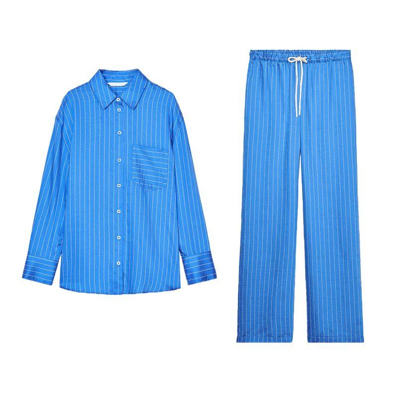 Lyocell Blended Stripes Lapel Long Sleeve Shirt 7563049 Stripes Mid-Waist Straight Pants 7563050