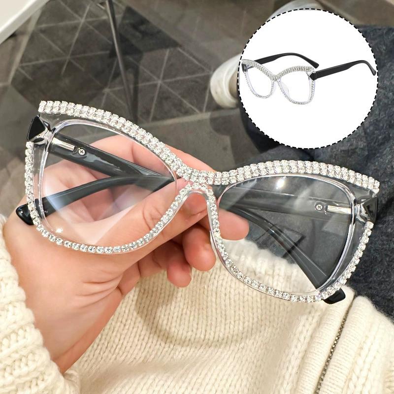 Men Women Cat Eye Reading Glasses Retro Large Frame Diamond Inlaid Presbyopia Glasses Oversized Anti-Blue Light Glasses