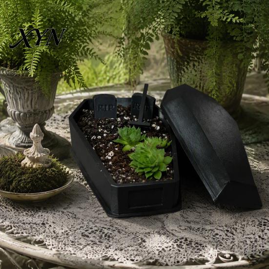 Small Tombstone Decorations Gothic Casket Flower Pot, Include And Rake Accessories, Halloween Garden Ornaments Unique 3D Printed Plant Container