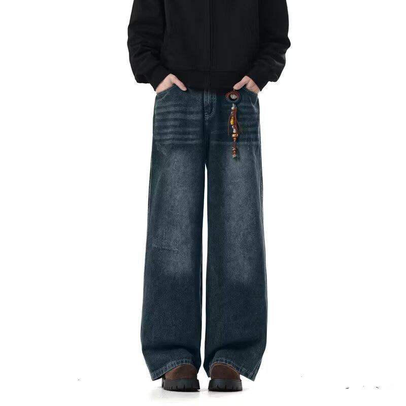 JYL Mens Jeans Black Gradient High Street Loose Straight Casual Long Denim Pants