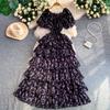 Holiday romantic style print one-word shoulder bubble sleeve dress female waist cake dress thin temperament fairy long dress