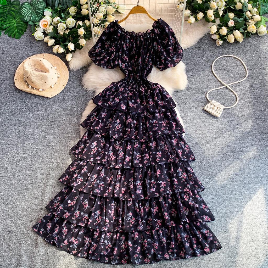 Holiday romantic style print one-word shoulder bubble sleeve dress female waist cake dress thin temperament fairy long dress