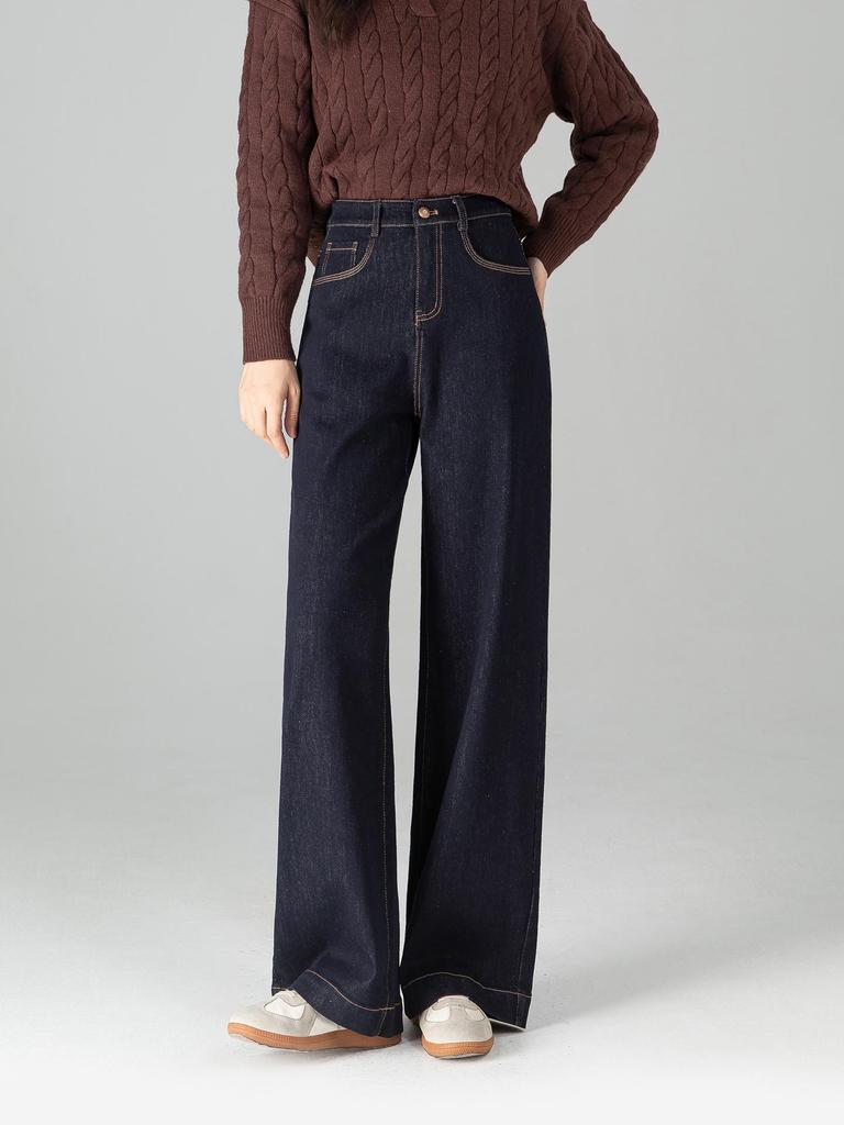 Damen Klassische High-Waist Denim Blau Weitbeinige Hose - Slim Fit, Neuer Herbststil, Figurbetonend und Schlichtes Design in Weiß.