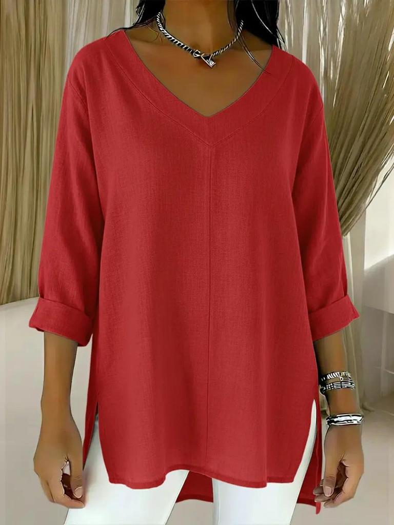2026 Casual Women's Cotton Linen V-Neck Nine-Sleeve Top