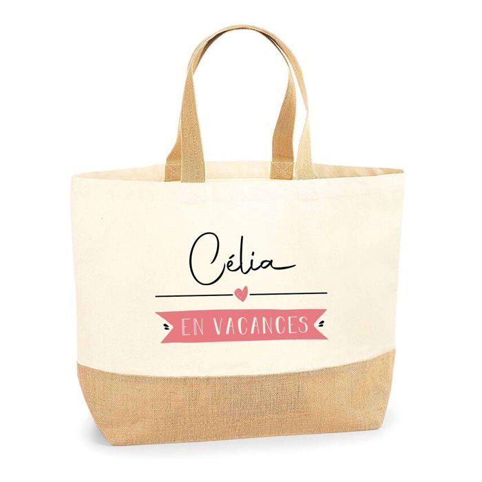 Tote bag / Cabas de plage - PLANETEE - Célia en Vacances - Jute naturel - Multicolore - Fabriqué en France
