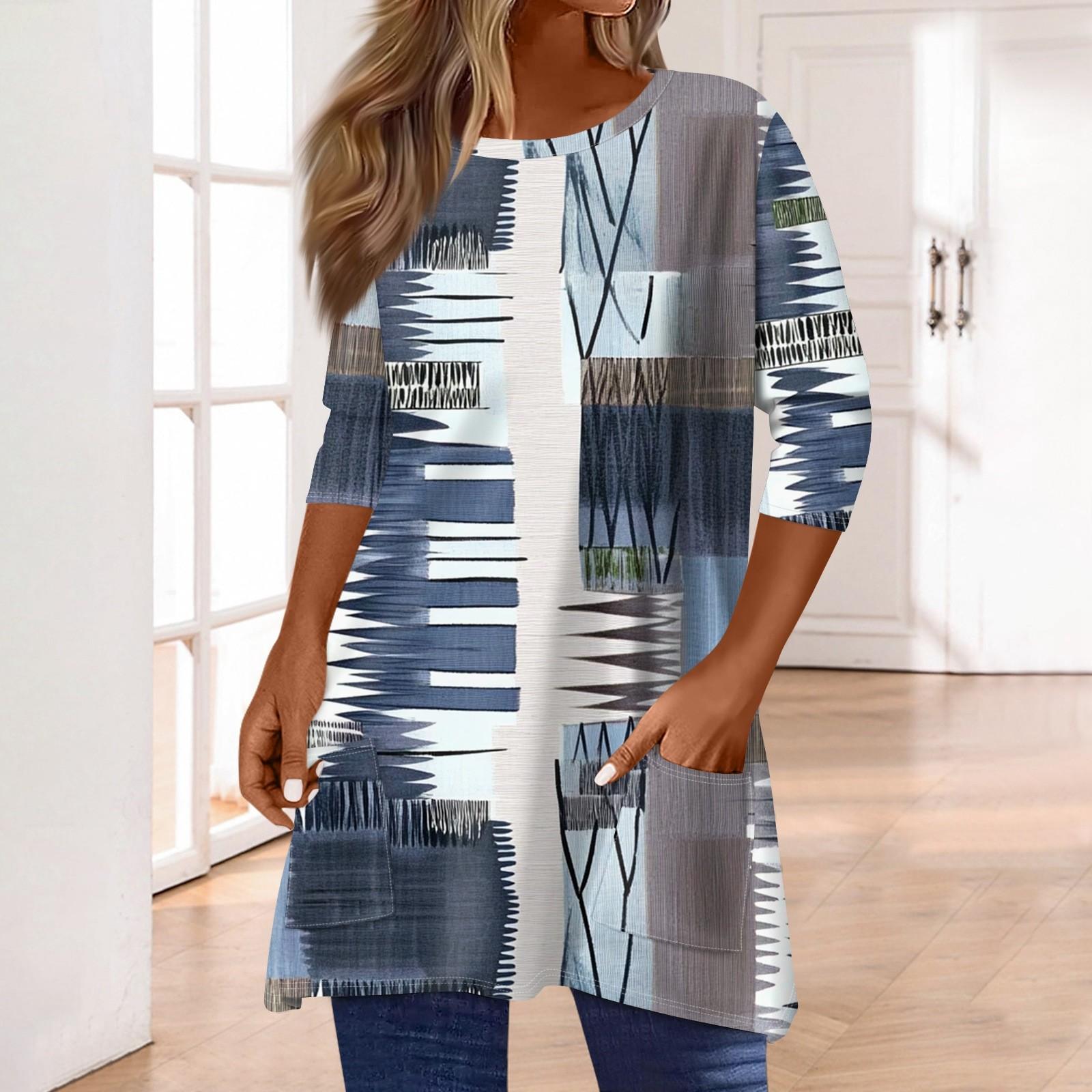 

3/4 рукава кармана топы для женщин футболка повседневный принт средней длины топы футболка круглый вырез пуловер блузка XXL