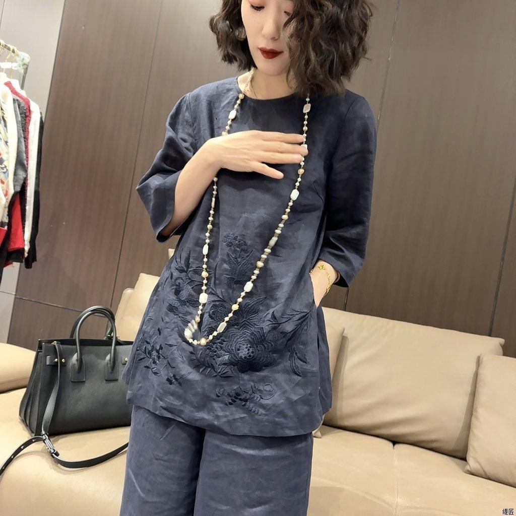 Retro Cotton and Linen Three-quarter Sleeve Suit Women's Summer  Loose Casual Chinese Embroidery Wide-leg Pants Two-piece Set