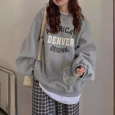 Sweat-shirt à capuche pull à col rond pour femmes Automne Hiver Imprimé Lettres Manches Longues Décontracté Haut pour Femmes