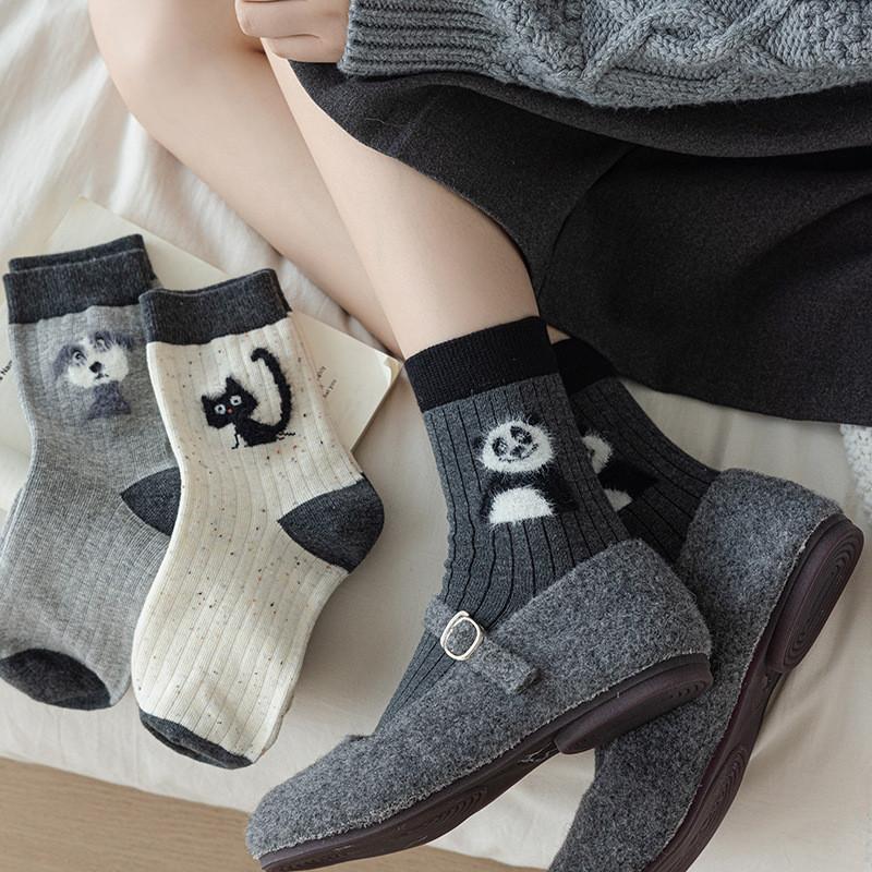 New Ideas for Autumn and Winter of 24 Yarn Socks for Children Cartoon Gray Style Plush Cute Long Tube Cotton Socks