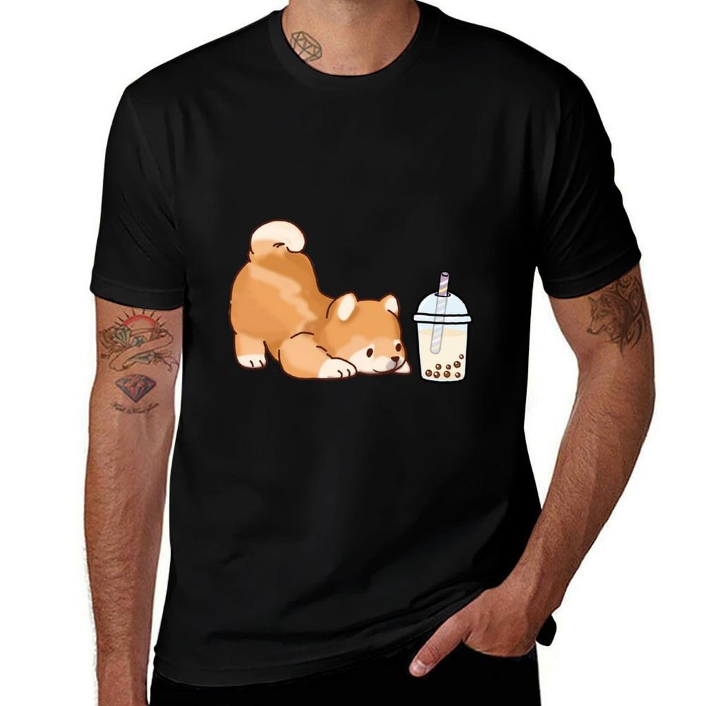 Cute Little Shiba Loves Boba Tshirt Running Perforunisexce Short Sleeve Tee Tshirt