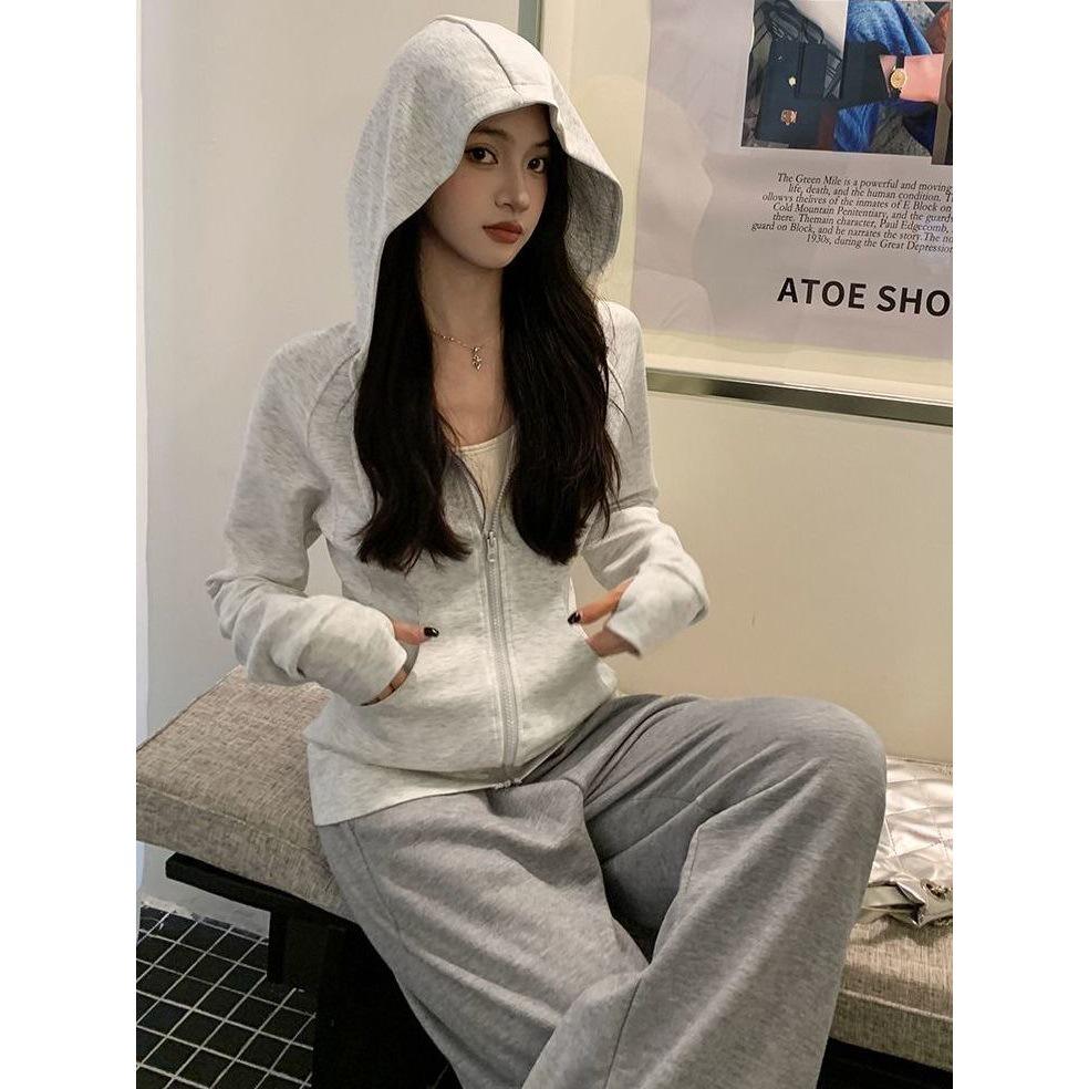 Grauer Kapuzen-Cardigan im koreanischen Stil für Damen, schmale Passform, lange Ärmel, tailliert, vielseitige Jacke
