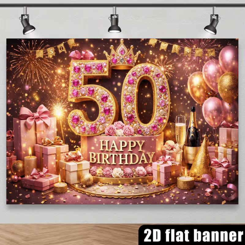 2D Elegant 50th Birthday Backdrop with Champagne, Roses and Gifts Photo Booth Banner