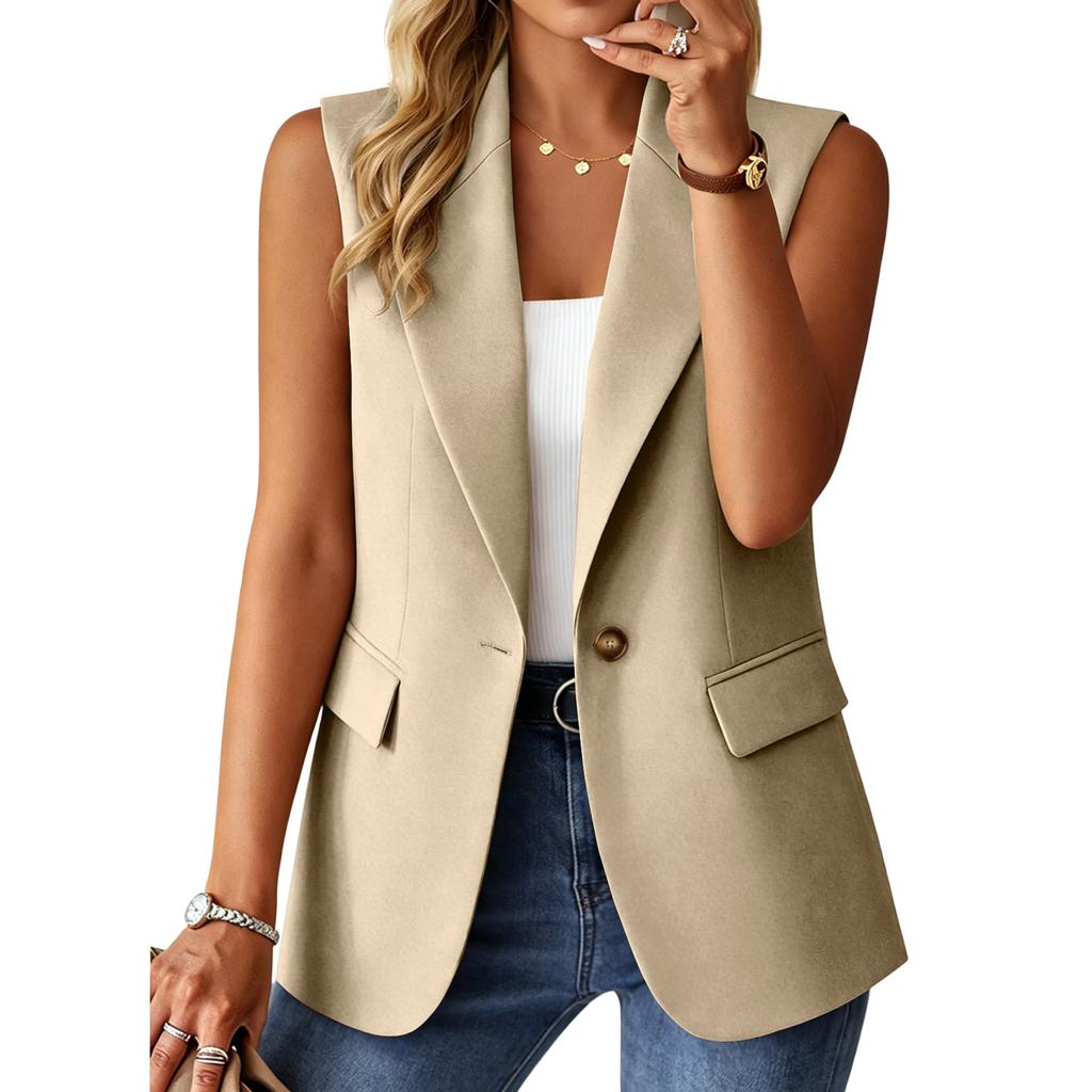 Γυναικείο Business Casual Αεριζόμενο Αμάνικο Γιλέκο-Μπλέιζερ Μονόχρωμο με Πιέτα και Ανοιχτό Μπροστινό Μέρος Κατάλληλο για Γραφείο και Καθημερινή Χρήση