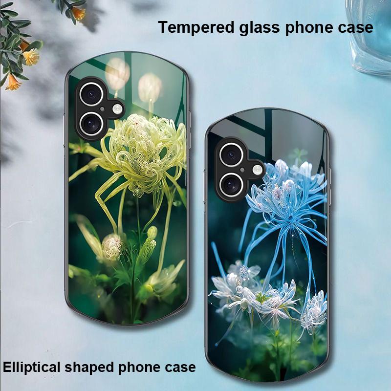 Goldene Pfingstrose Grün Für Apple IPhone 16 11 13 15 14 Pro Max 12 Mini 7 8 Plus XR X XS Ellipsenförmige Handyhülle aus gehärtetem Glas