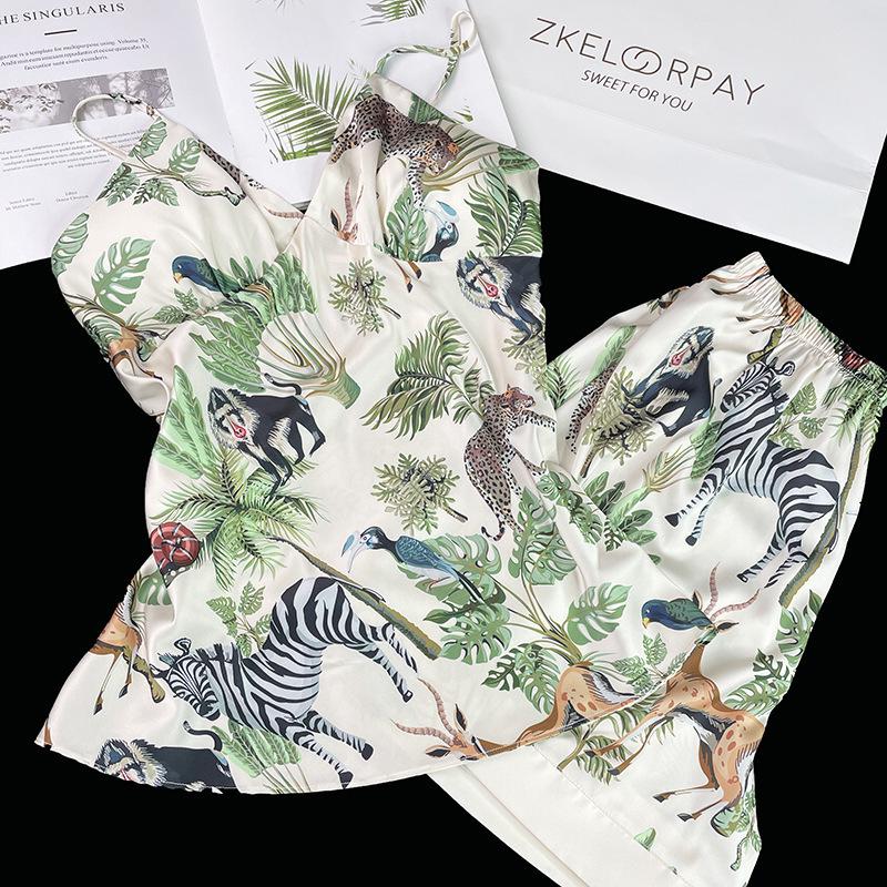 Women's Ice Silk Pajama Set: Long Sleeve, High-End Forest Style for Spring & Autumn Wear