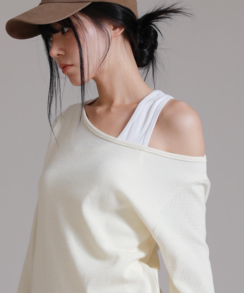 LIKE THE MOST Women'S Waffle Boat Neck Shoulder Loose Fit Long Sleeve T-Shirt_Ivory