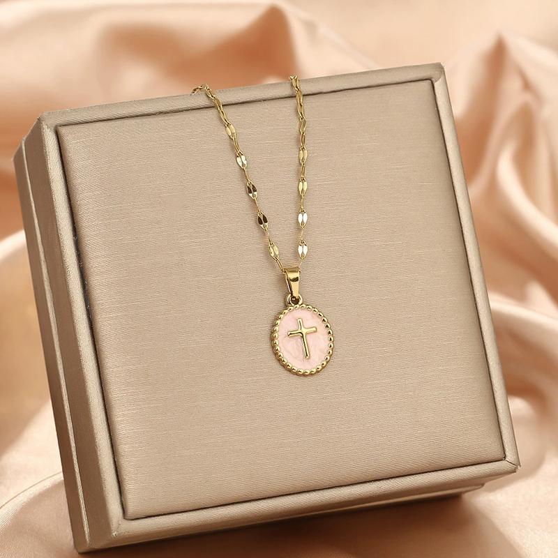 Stainless Steel Cross Pendant Necklace for Women Men Simple Round Colorful Drop Oil Necklace Vintage Punk Versatile Jewelry Gift