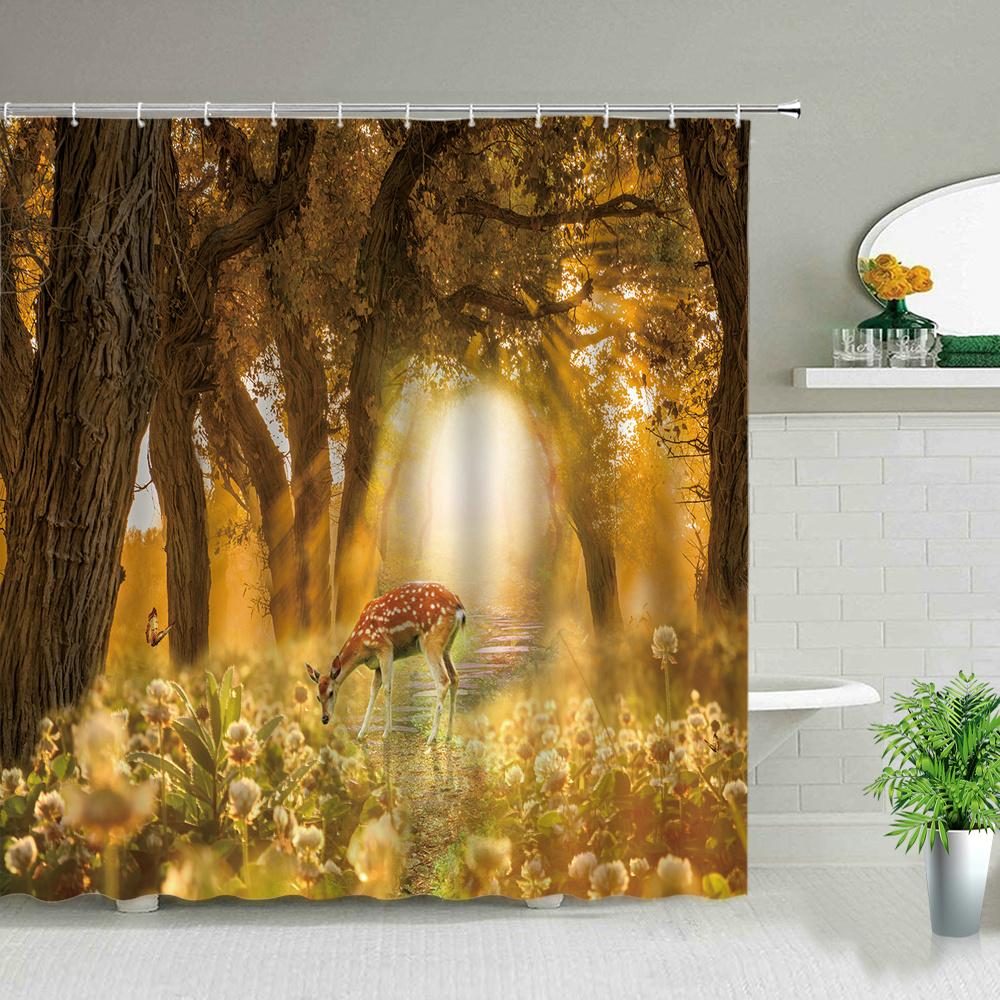 Beautiful Wing Elves Girl Shower Curtain Fantasy Enchanted Forest Bathroom Decor Deer Mushroom Flower Backdrop Hanging Curtains
