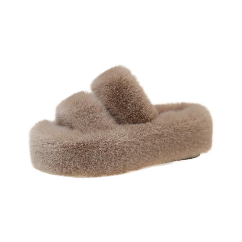 Foreign trade large-size fluffy slippers for women's outer wear 2025 new Korean version of home furnishing autumn and winter one-word thick-soled cott