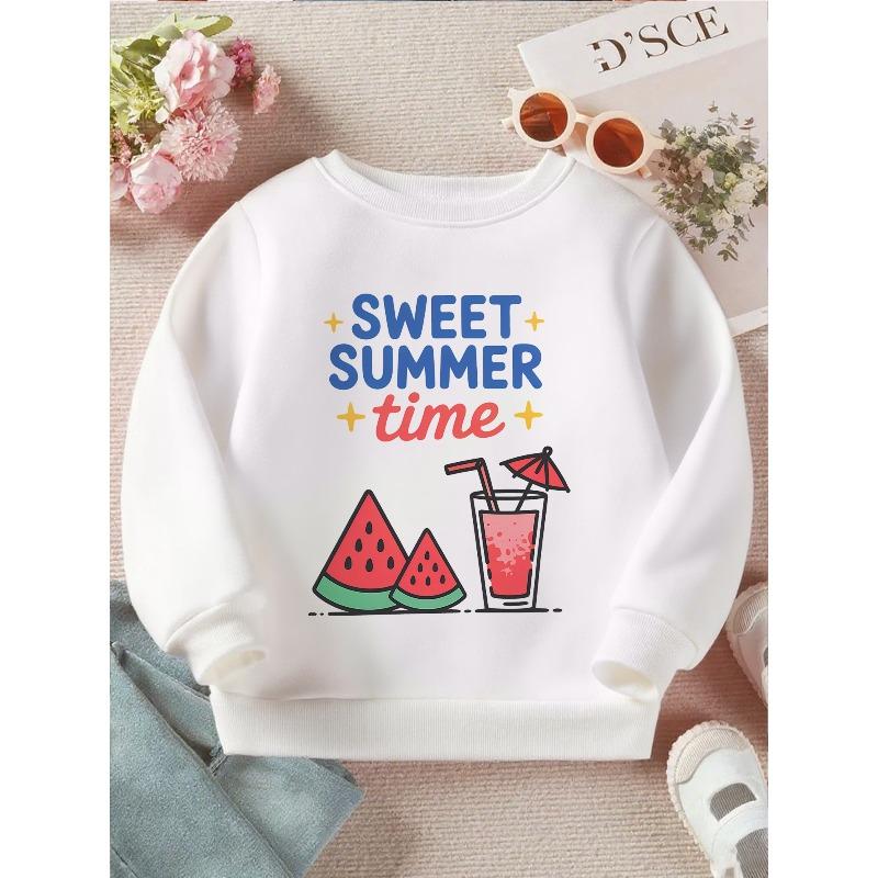 Kids Crewneck Long Sleeve Sweatshirt, Cute Watermelon Drink Graphic Print 110 белый