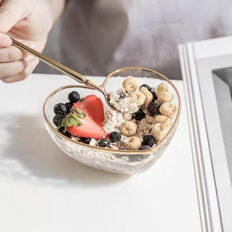 Creative Golden-Bordered Glass Salad Bowl, Ice Cream Dessert Plate, Fruit Plate, Heart-Shaped Bowl, Home Kitchen Tableware