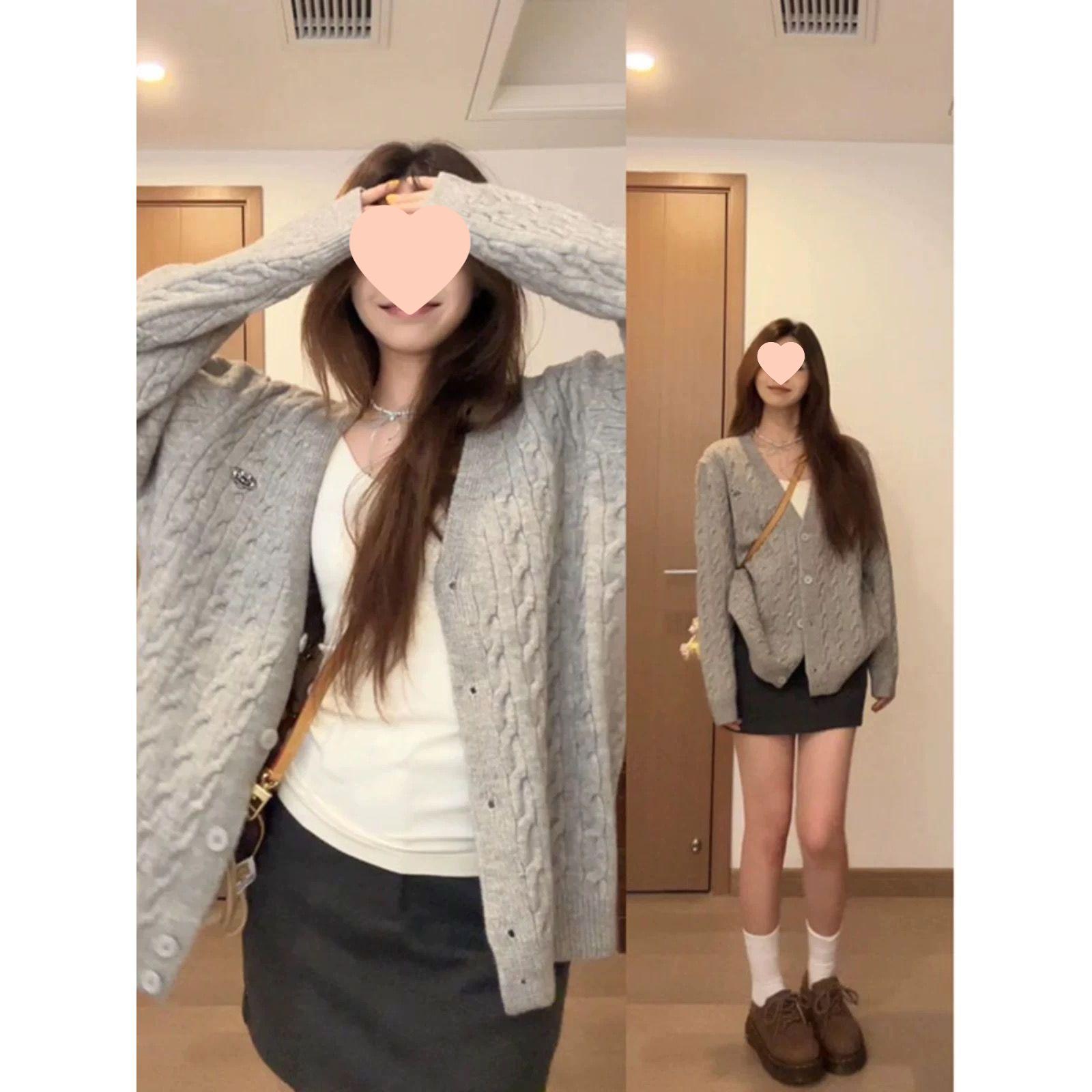 

Женский серый кардиган крупной вязки с V-образным вырезом, ранняя осень 2025, свободное пальто-свитер средней длины. M: 95-105 jin серый