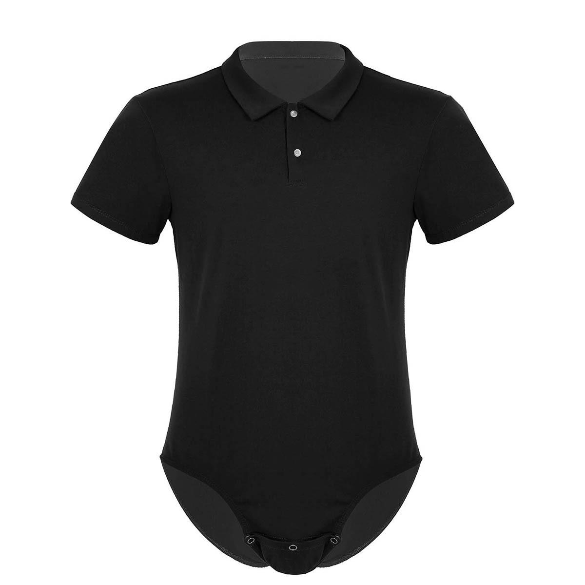 Herren Kurzarm Umlegekragen Druckknopf Schritt Hemd Tops Pyjamas Bodysuit Catsuit Männliche Unterwäsche L schwarz