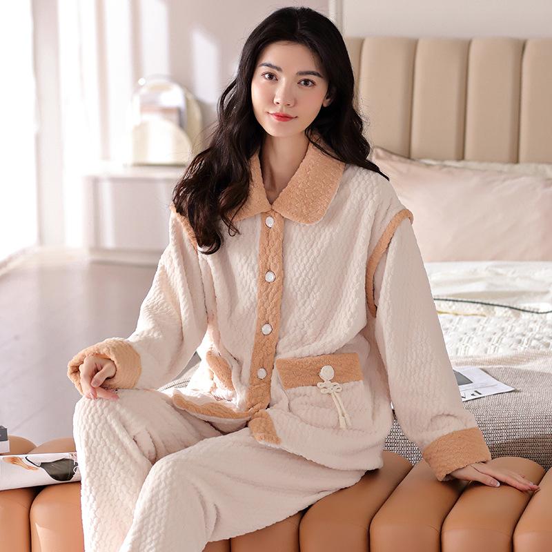 Autumn and winter pajamas women's coral fleece fleece warm simple casual carved flannel outerwear loungewear suit winter