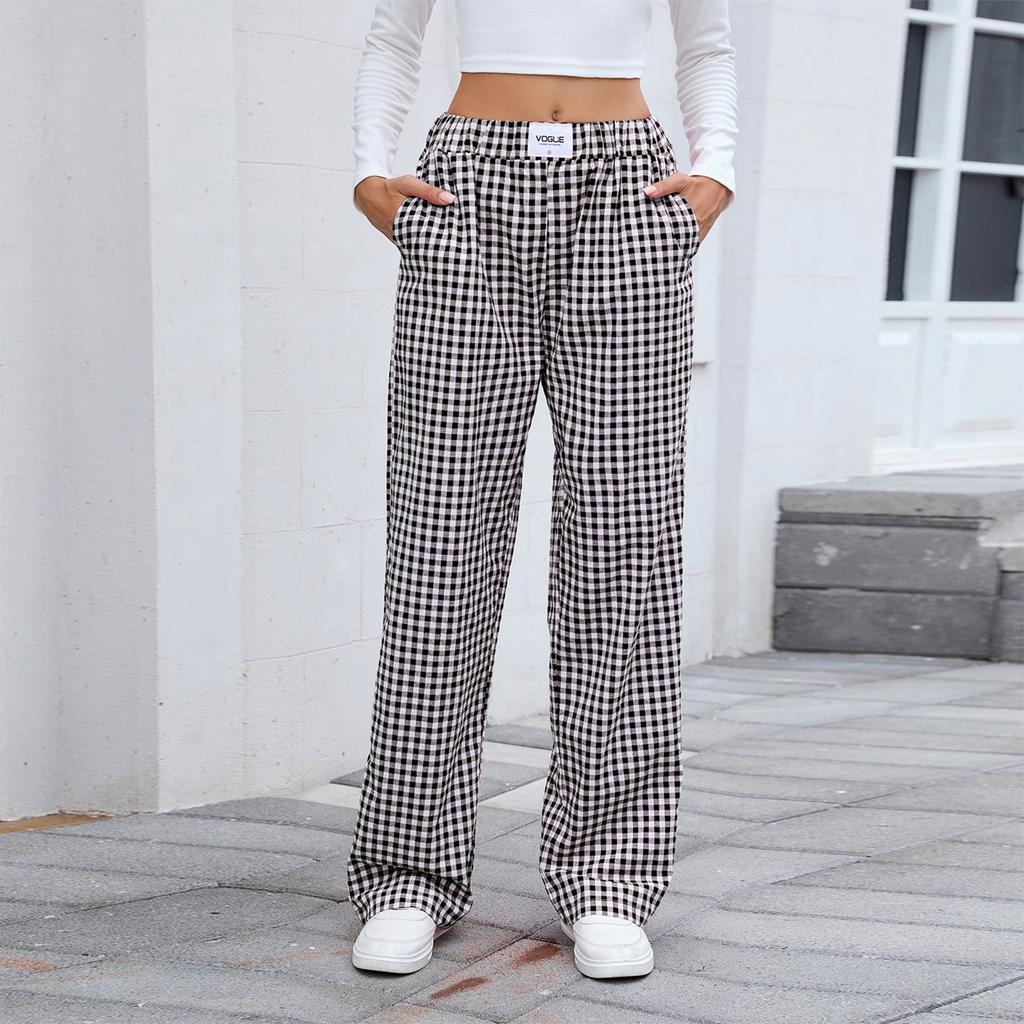 Women's Fashionable Checkered Elastic Waistband Loose Pocket Casual Pants
